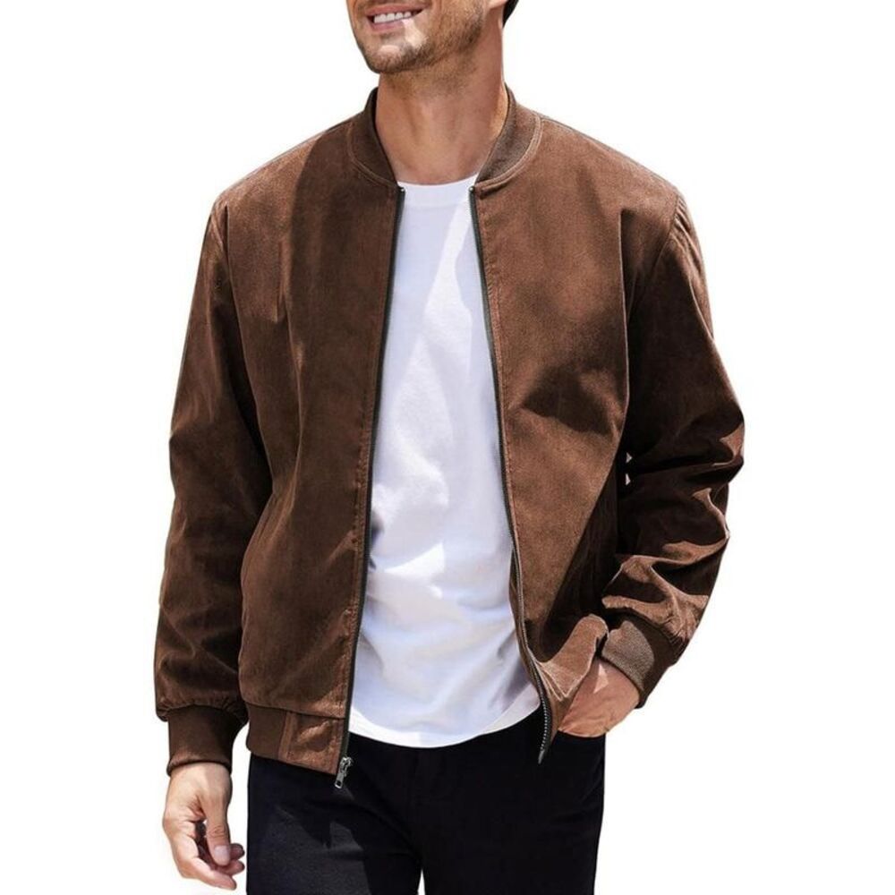 COOFANDY - Men's Casual Varsity Jacket Vintage Light Brown - Picture 5 of 11